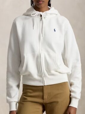 Polo Ralph Lauren White Cotton Zip-Up Hoodie with Small Navy Blue Logo
